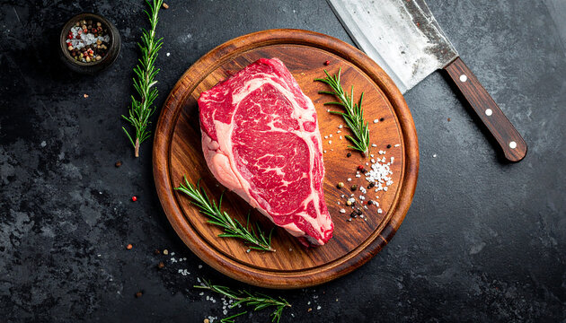 Top View of Raw Ribeye Steak on Wooden Board with Rosemary and Spices beef meat - Powered by Adobe