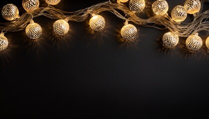 Christmas Lights Garland Border Over Black Background Flat Lay Copy Space