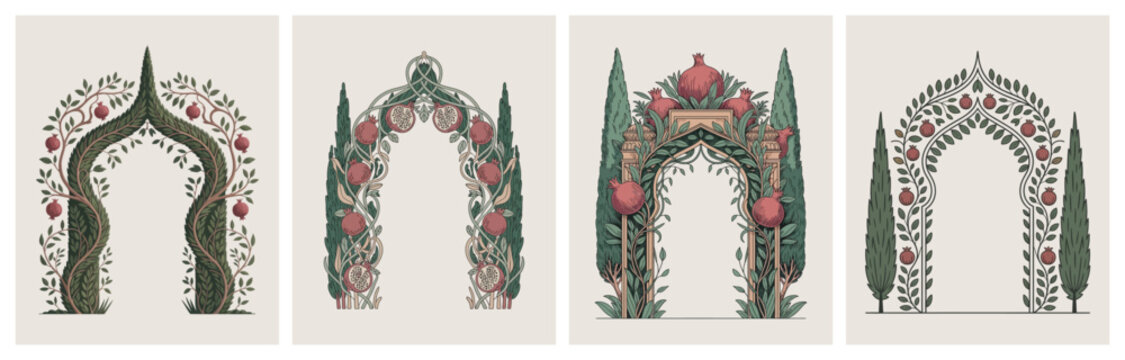 Mughal Arch Designs with Floral and Pomegranate Patterns