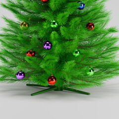 Close up of a perfectly decorated Christmas tree with balls on a white background