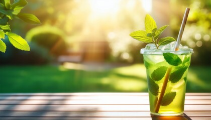 Green Iced Tea With Mint Leaves And Eco Straw On A Sunny Garden Table Lens Flare And Blurred Background With Open Area