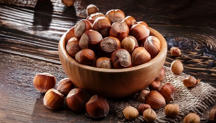 Hazelnuts In A Bowl On Rustic Wood