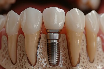 A close-up of a dental model featuring a dental implant in place of a natural tooth. The artificial tooth is securely attached to the implant, showcasing a common dental restoration method
