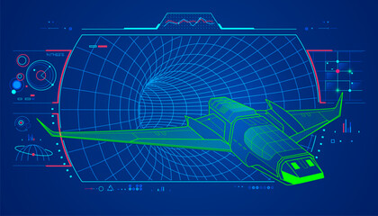 concept of space engineering of space travel, graphic of spaceship with Wormholes and scifi interface
