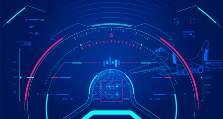 concept of Cyber Warfare or air fighter, graphic of aircraft cockpit with military interface