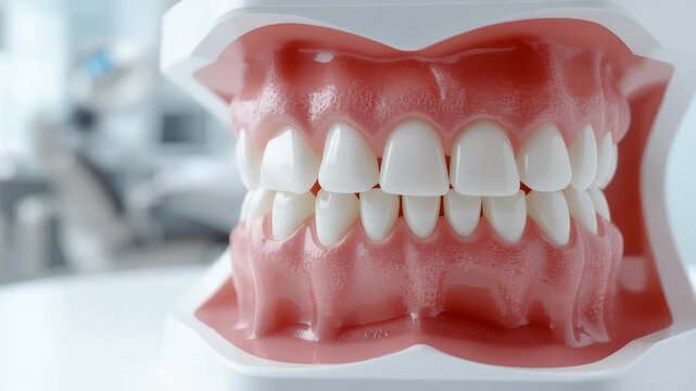 Dental model showing realistic human teeth and gums displayed in a bright clinical environment used for education, oral care demonstration, and dentistry practice