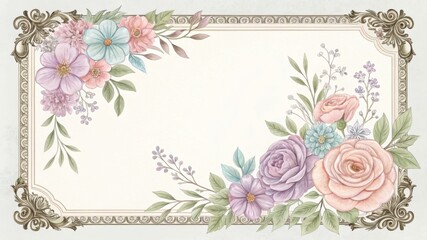 Vintage floral frame, pastel colors, delicate flowers, antique