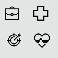 Medical icons set of vector symbols for hospital and health care design with doctor and pharmacy signs, heart, and emergency plus aid button illustration