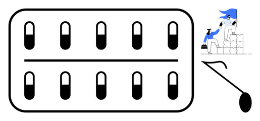 Capsule pack with two individuals atop stacked blocks, one assisting another. Ideal for themes of healthcare, teamwork, leadership, motivation, support, wellness, simple flat metaphor
