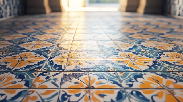 Vibrant traditional ceramic floor tiles with intricate blue and yellow floral patterns illuminated by sunlight - Powered by Adobe