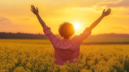 Woman raising arms in bright sunset field of yellow flowers
