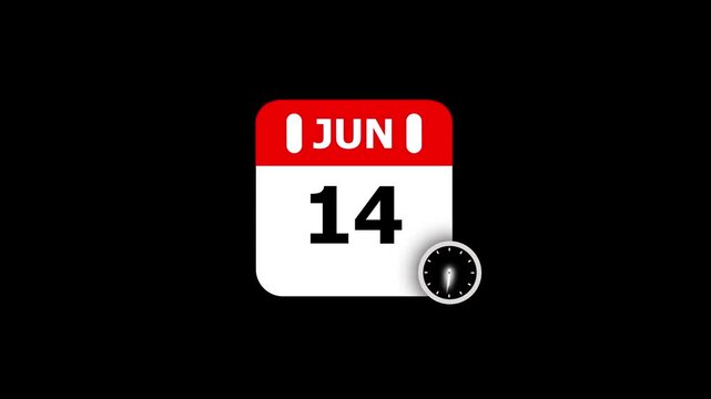 June 14th Calendar Page with Clock Icon on Black Background date