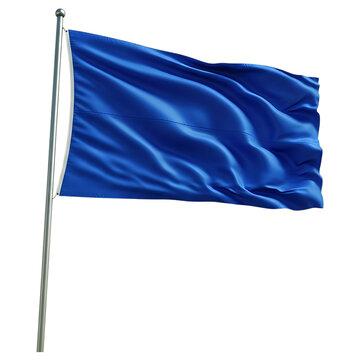 Waving plain blue flag on a flagpole against white background isolated on transparent background