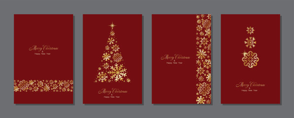 Merry Christmas and Happy New Year greeting card design with golden stars and snowflakes decorated on Christmas background for banner, poster or cards. Beautiful Christmas background.