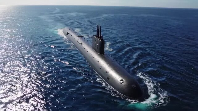 Submarine with Missile Launch Base on the Sea Surface. Military Defense and Strategic Missile Deployment Concept.