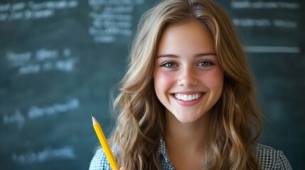 Smiling student holding pencil in bright classroom with chalkboard
