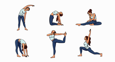 A woman is depicted in various yoga poses, showcasing a range of flexibility, balance, and body control, promoting health and well-being through exercise.