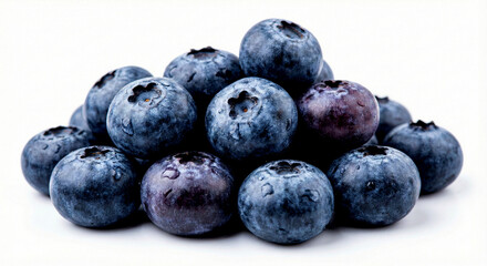 A pile of fresh blueberries, glistening with water droplets, isolated against a clean white background