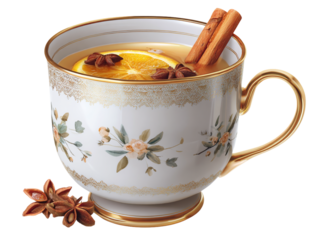  Elegant gold trimmed holiday tea mug with cinnamon sticks and orange slices
