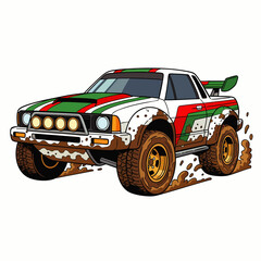 An illustrated off-road rally truck kicks up dirt, showcasing speed and power with its vibrant colors and dynamic design against a white background.