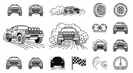 A collection of black and white illustrations showcasing off-road vehicles, tires, and racing elements, perfect for design projects and automotive themes.