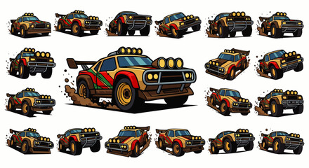 An illustrated montage showcases a rugged off-road rally car, kicking up mud and dust, perfect for adventure and outdoor racing enthusiasts.