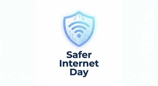 Safer internet day: shield icon with wifi symbol and circuit board design promoting online safety and digital well-being.