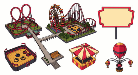 An illustrated collection showcasing amusement park elements, including roller coasters, Ferris wheels, a carousel, and other attractions for entertainment.