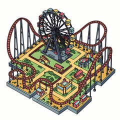 Isometric illustration of a vibrant amusement park featuring a Ferris wheel, roller coaster, and various attractions, perfect for entertainment and leisure concepts.