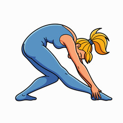A blonde woman in a blue leotard stretches her leg, reaching towards her toes in a yoga pose, promoting flexibility and wellness.