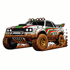 An off-road rally car kicks up mud as it races across a rugged terrain, showcasing speed, power, and adventure in a vibrant, dynamic illustration.