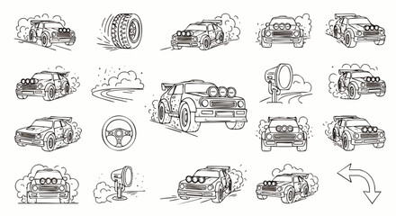 A detailed illustration of a rally car, showcasing speed and motion, accompanied by various related elements, perfect for design needs.