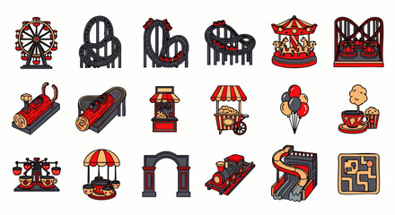 Funfair icons set featuring a Ferris wheel, roller coaster, carousel, bumper cars, food stalls, balloons, and other amusement park elements.