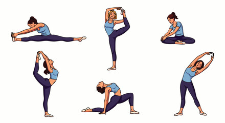 A woman demonstrates various yoga poses, showcasing flexibility and balance while promoting physical health and well-being through exercise and mindful movement.