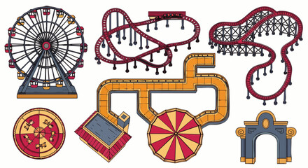 An illustrated set of amusement park elements includes a Ferris wheel, roller coasters, and various other attractions for entertainment and fun.