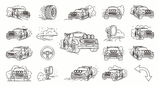 A detailed illustration of a rally car, showcasing speed and motion, accompanied by various related elements, perfect for design needs.