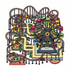 An illustrated amusement park with a Ferris wheel and roller coaster, offering a vibrant and engaging depiction of fun and entertainment.