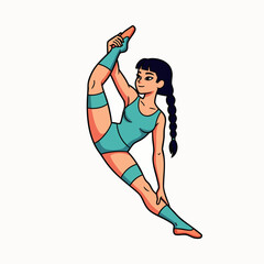 A young gymnast demonstrates flexibility and strength, performing a graceful split while smiling, showcasing dedication and athleticism in a vibrant illustration.