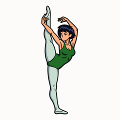 A graceful ballerina in a green leotard performs a high split, showcasing flexibility and strength in a dynamic pose against a white backdrop.