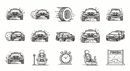 A detailed illustration showcases a rally car in various stages of a race, including tire motion, pit stop, and the finish line.