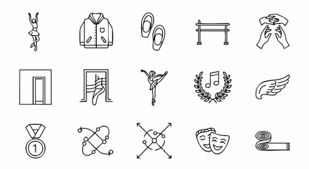 A collection of elegant vector illustrations depicting various elements related to dance, including ballerinas, ballet shoes, and performance symbols.