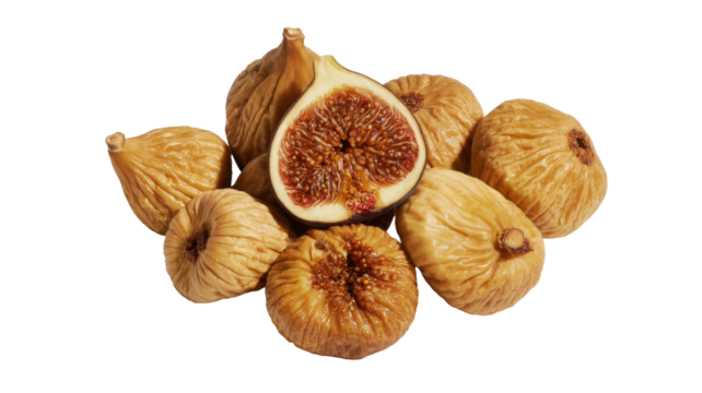 A pile of dried figs, one cut in half, isolated on transparent background