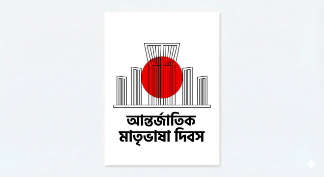 International mother language day bangladesh national monument graphic design with red circle and bengali text.