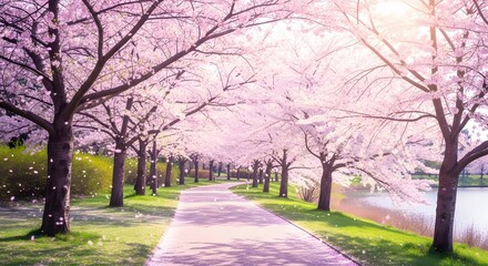  spring landscape, blooming cherry blossoms, soft sunlight