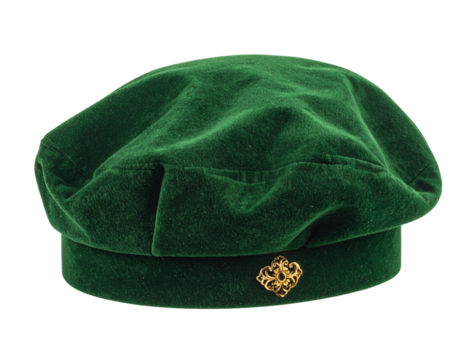  Elegant Green Velvet Beret with Golden Brooch – Isolated PNG