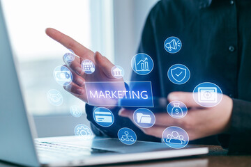 Innovative marketing strategies are showcased through digital icons and technology