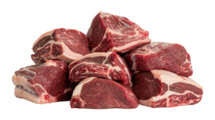 Pile of raw beef stew meat chunks isolated on transparent background
