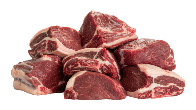 Pile of raw beef stew meat chunks isolated on transparent background
