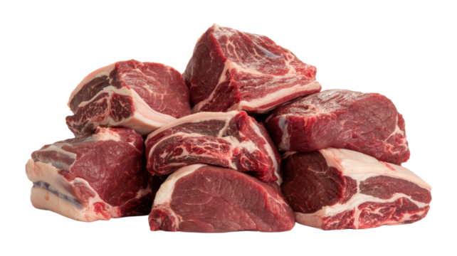 Pile of raw beef stew meat chunks isolated on transparent background