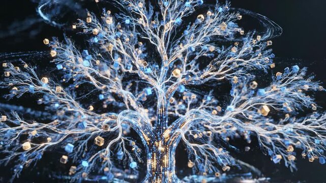 Glowing blue tree branches emerging with golden sparkles in dark void. Cinematic macro sequence of abstract growth pattern unfolding from roots to full form in ethereal light display.